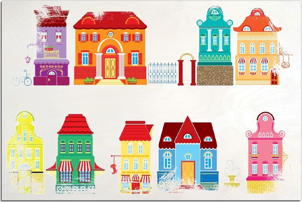 Kunstdrucke Wandbilder Holz in : Brillante Farben, Größe 60 x 90 cm Motiv Bunte Häuser in einer Stadt - Comic Stil
