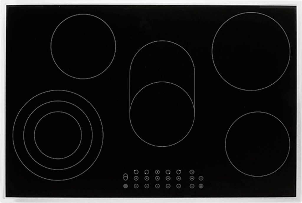 A top-down view of a black glass ceramic hob with white markings for the heating zones and control panel.
