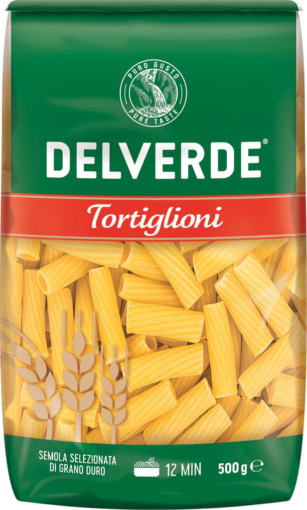 A bag of Delverde Tortiglioni pasta.