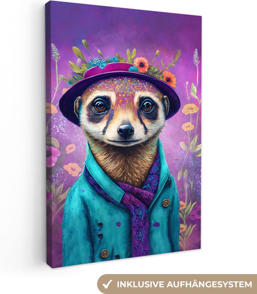 OneMillionCanvasses - Leinwandbilder - 90x140 cm, Erdmännchen - Blumen - Farbe - Lila - Porträt - Erdmännchen, Wandbilder Kunstdruck Wanddekor...