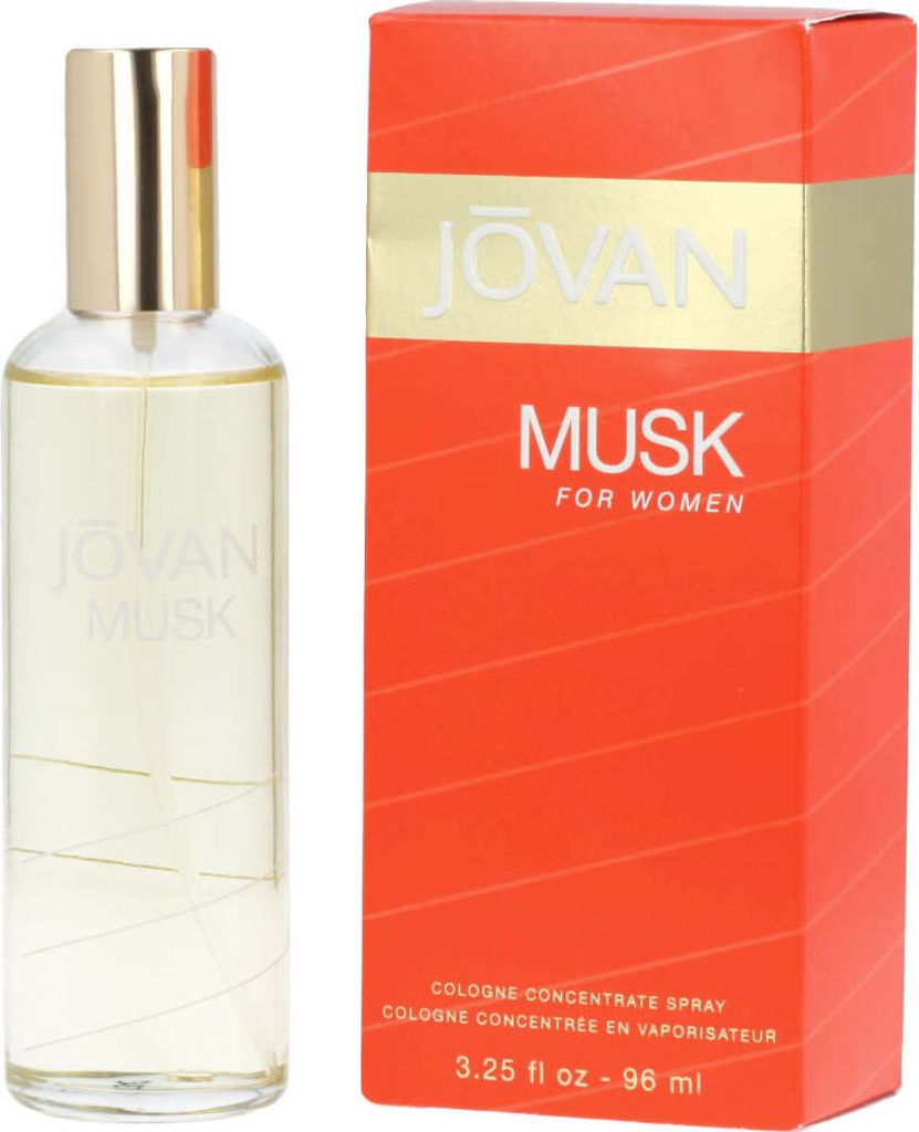 A bottle of Jovan Musk for Women cologne and its packaging are displayed side-by-side against a white background.