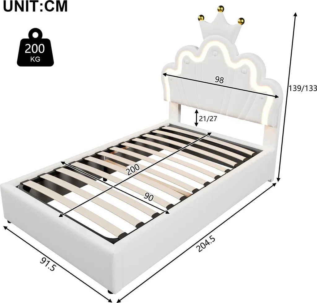 Lit LED 90x200 Blanc avec Tête de Lit Couronne Rembourrée pour Enfant