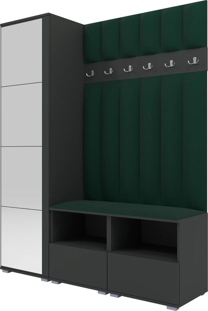 Garderoben-Set Nela II LUX mit Spiegel, gepolsterte Garderobe 150 cm mit Doppel-Sitzbank, Wandpaneelen und Stauraum (Farbe: Graphit + Trinity 28)