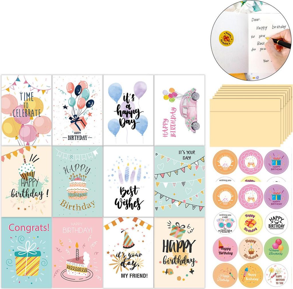 Kinder Geburtstagskarten DIY Set, 24 gefaltete Happy Birthday Karten mit Umschlag & Aufkleber, Multipack Bastelkarten