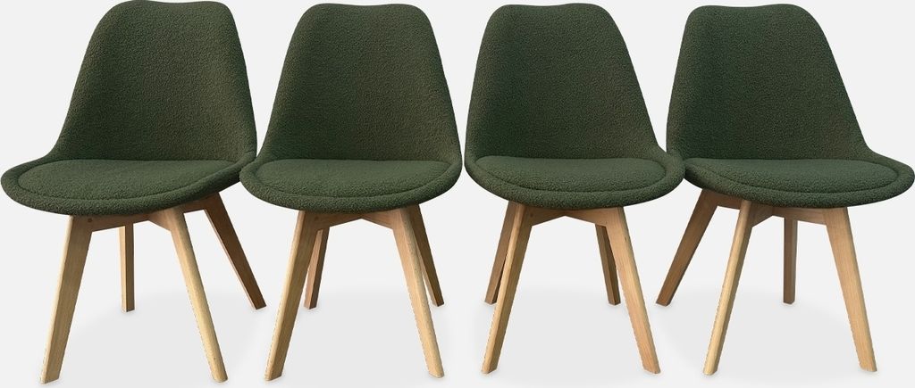 Four green chairs with wooden legs are arranged in a row against a light gray background.
