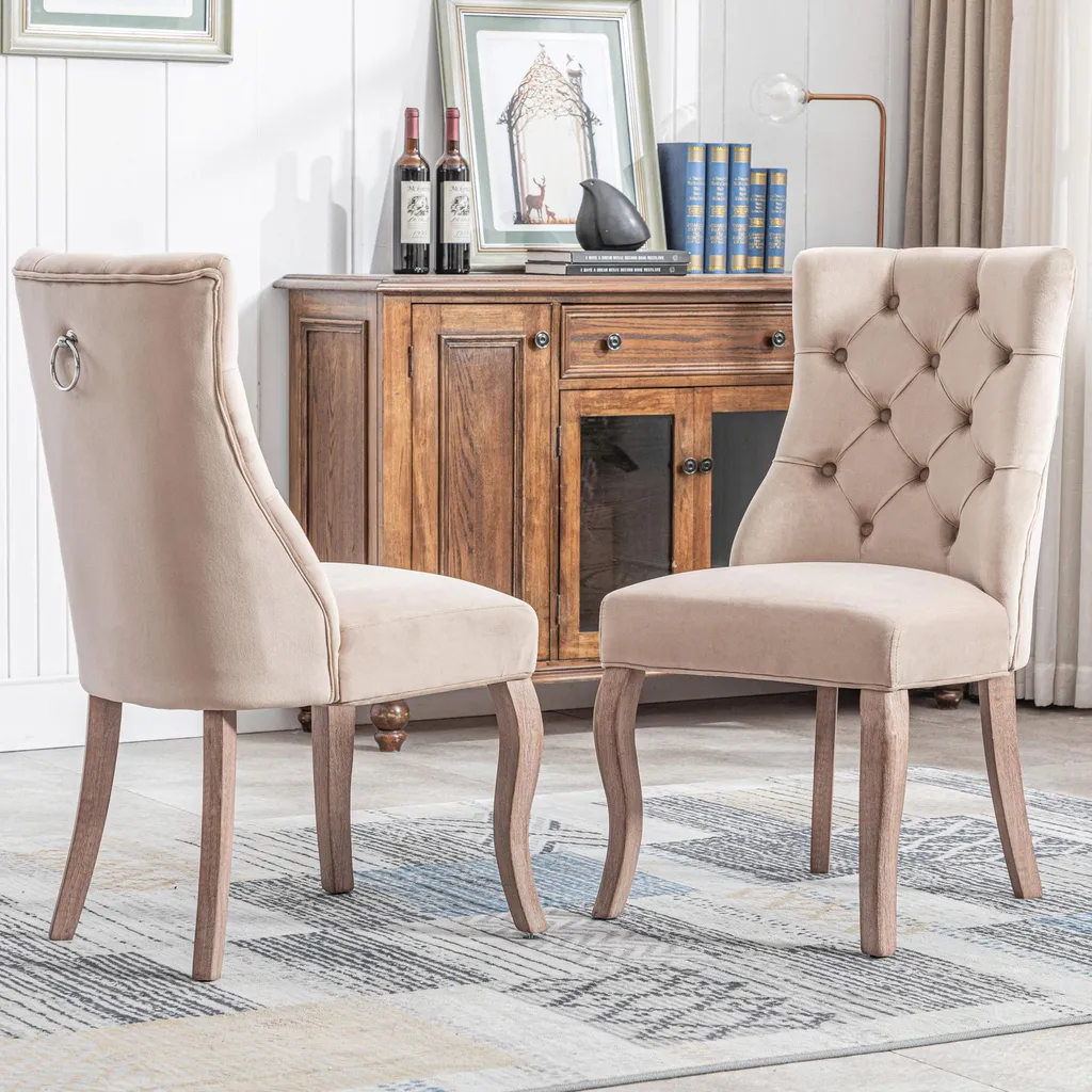 Chaise Velours Beige et Bois Massif Lot de 2 avec Dossier Haut Confort