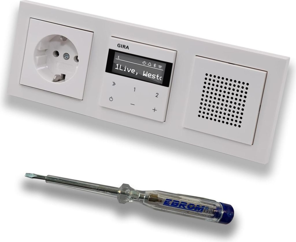 Gira Unterputz IP Internetradio 232003 + Bluetooth KomplettSet + Lautsprecher + Steckdose - E2 reinweiß glänzend im 3fach Rahmen Gira 021329 inkl...