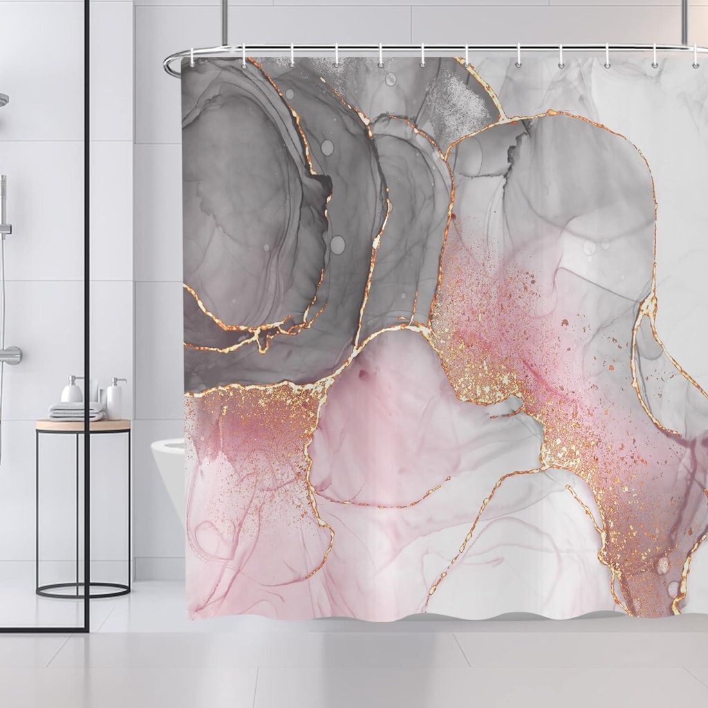 Duschvorhang in Marmoroptik, 180 x 200 cm, moderne abstrakte grau-weiß-roségoldene Marmoroptik, farbenfroher Duschvorhang aus waschbarem Polyeste...
