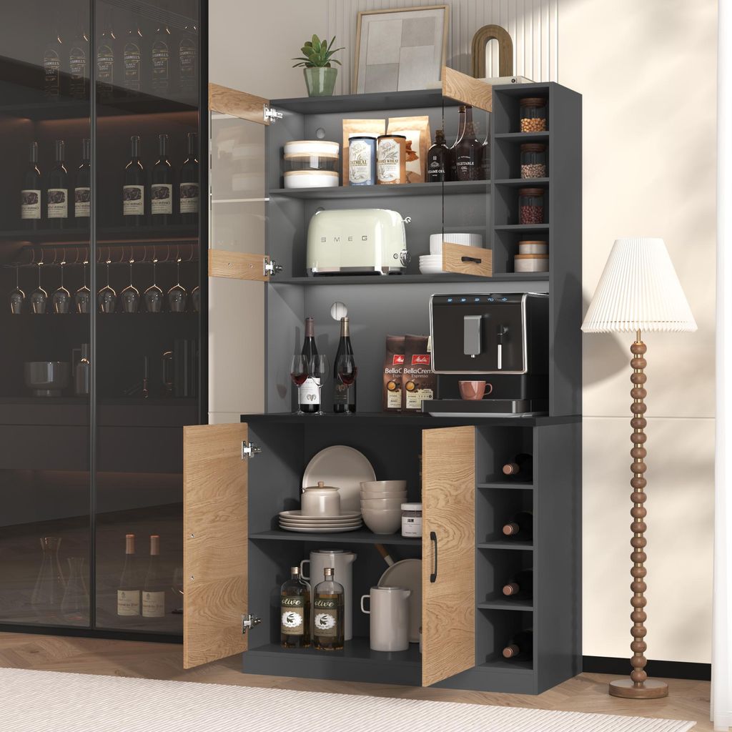 STILVORA Highboard Vitrinenschrank küche,Küchenschrank Buffet mit LED-Ambiente-Beleuchtung,höhenverstellbare seitliche Ablagefächer