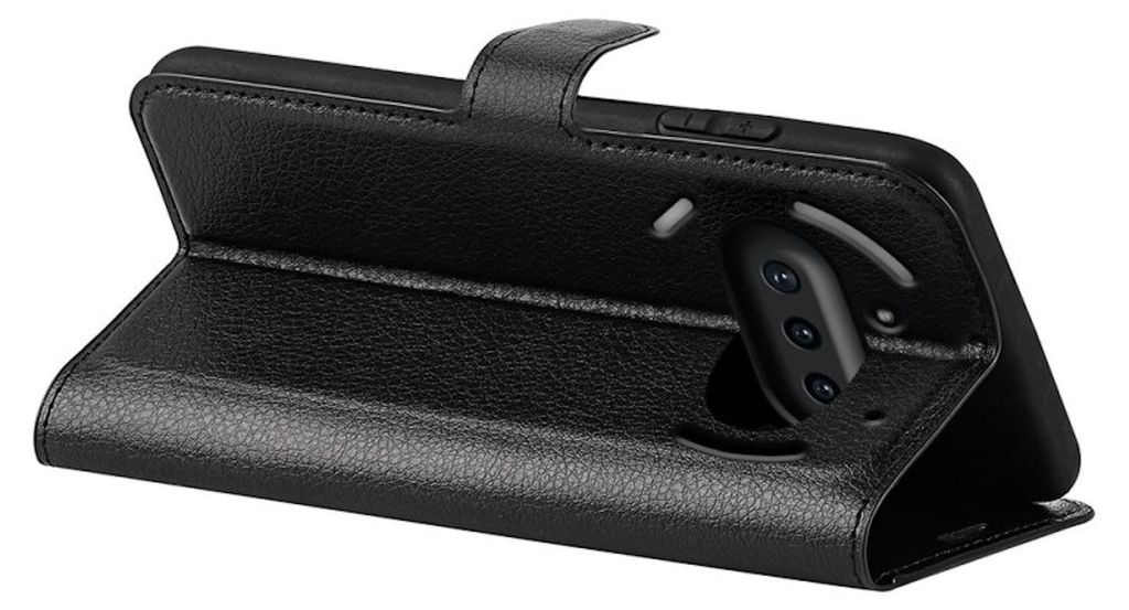 A black leather wallet case for a phone is shown open, displaying the phone's camera module.