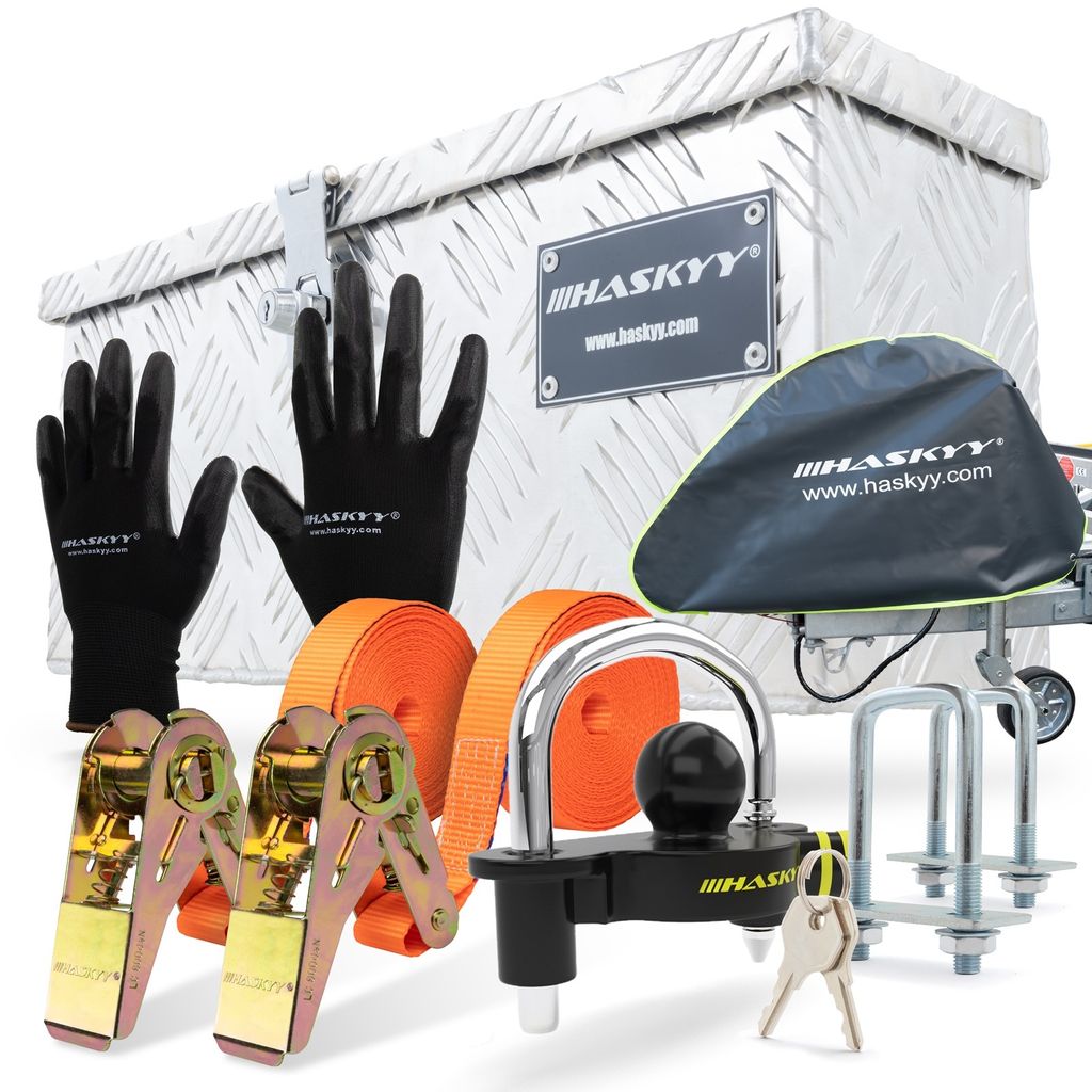Aluminiumbox Set 2x Spanngurte Ratsche Anhängerschloss Deichselhaube Handschuhe