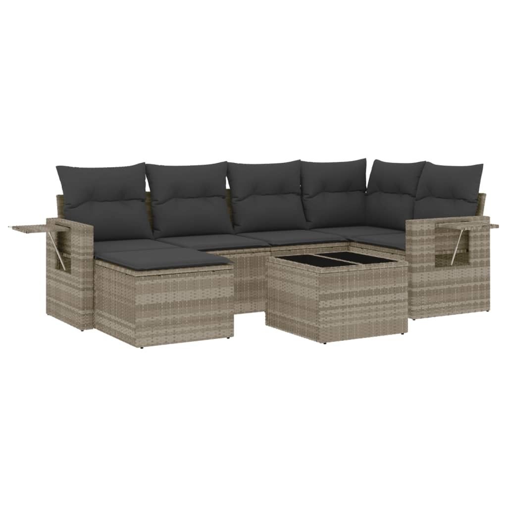 vidaXL 7-tlg. Garten-Sofagarnitur mit Kissen Hellgrau Poly Rattan