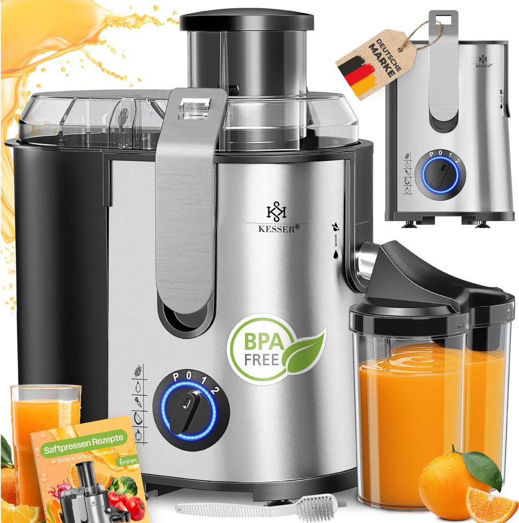 KESSER Entsafter für Obst und Gemüse aus Edelstahl 1100W große 85 mm Einfüllöffnung inkl. Reinigungsbürste und Saftbehälter 3 Geschwindigk...