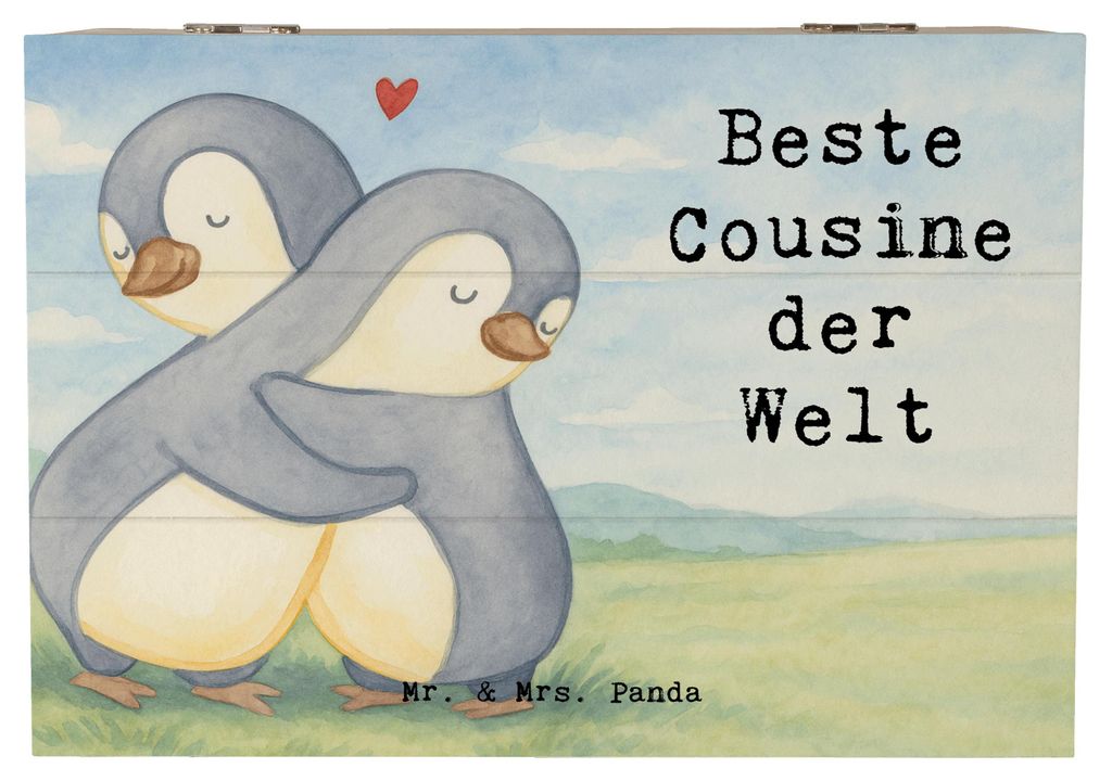 Mr. & Mrs. Panda Truhe Pinguin Beste Cousine der Welt Design 22 x 15 cm - Weiß - Geschenk, schatztruhe, Schatulle, Verwandtschaft, Geschenkidee, F...