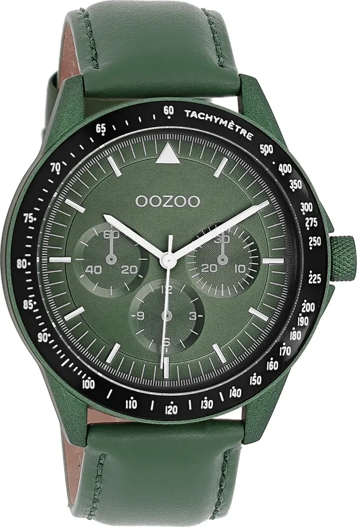 Montre analogique homme Oozoo bracelet cuir vert élégant et boîtier acier