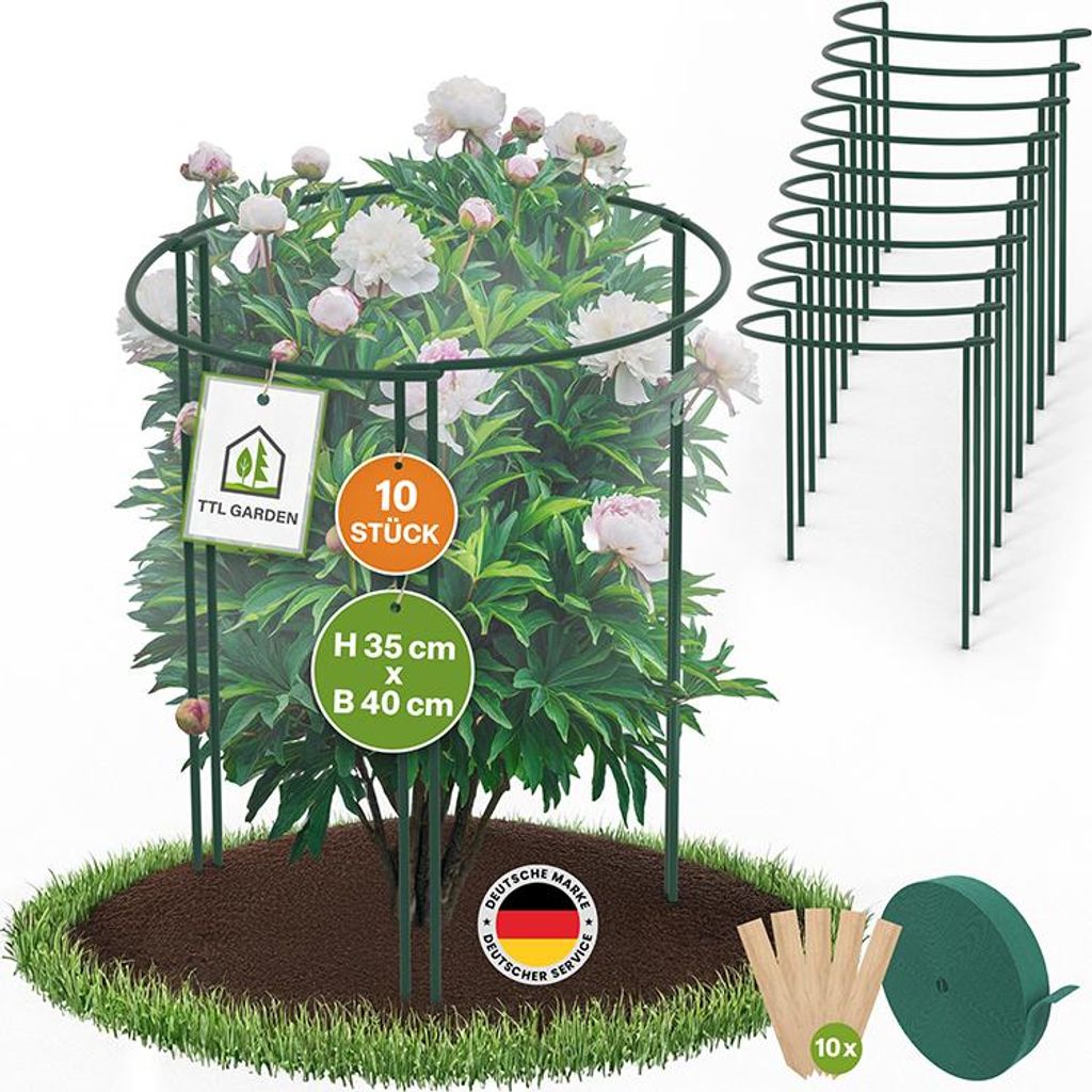 TTL GARDEN Strauchstützen 10er Set 35x40cm + Klettband + Pflanzschilder