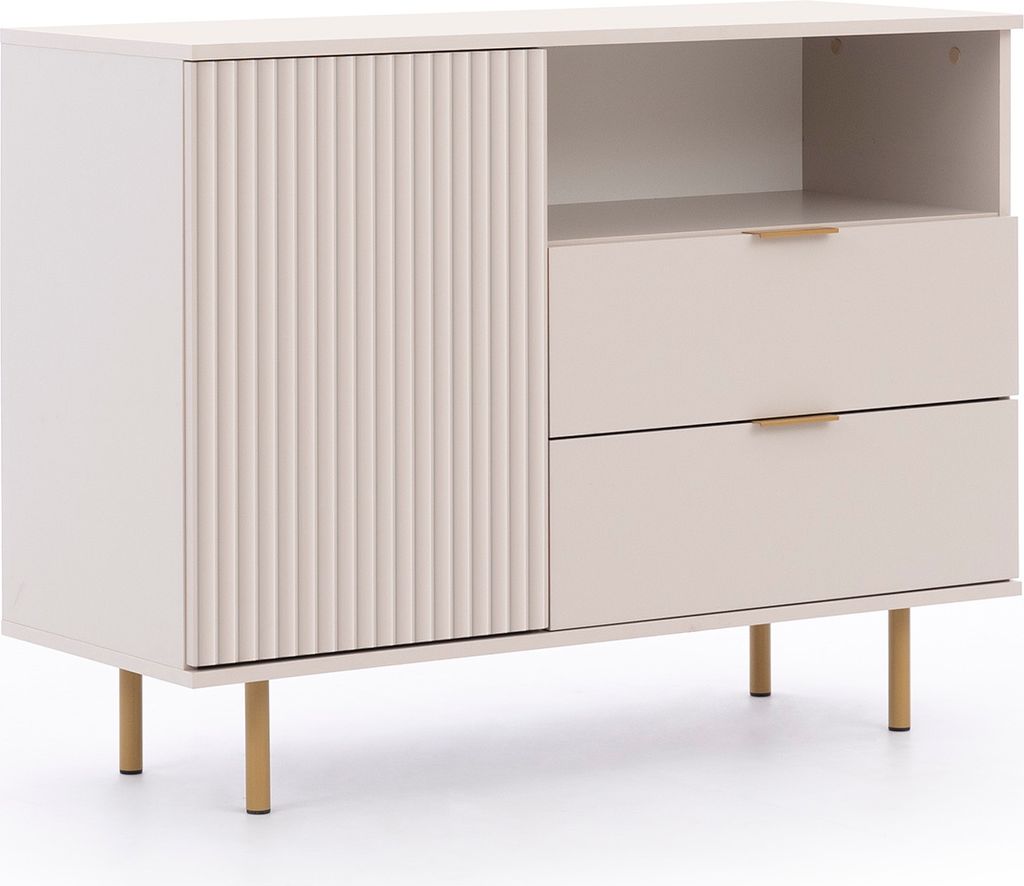 A beige dresser with gold legs and gold drawer pulls, shown against a white background.
