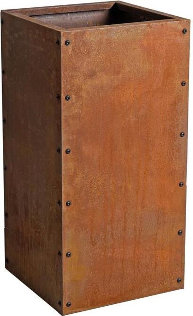 A tall, rectangular planter box made of rusted metal, shown against a white background.