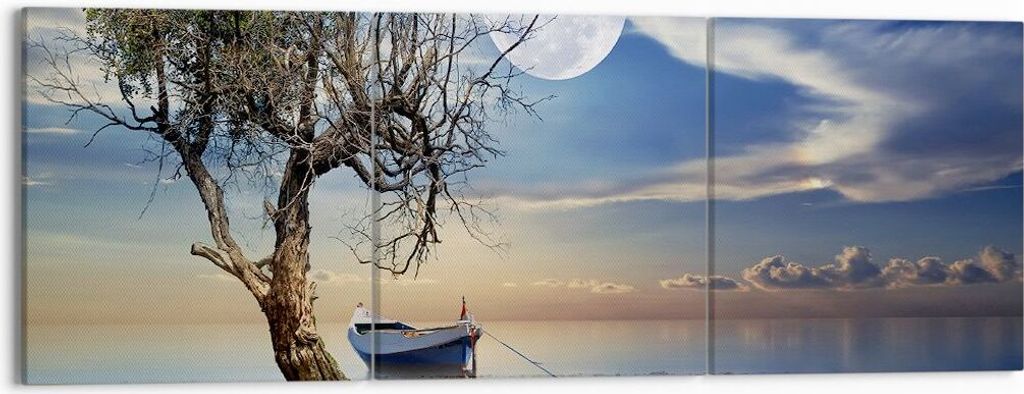 Bild auf Leinwand - Leinwandbild - Nacht Mond Boot - 150x50cm - Wand Bild - Wanddeko - Wandbilder - Leinwanddruck - Bilder - Kunstdruck - Wanddekor...