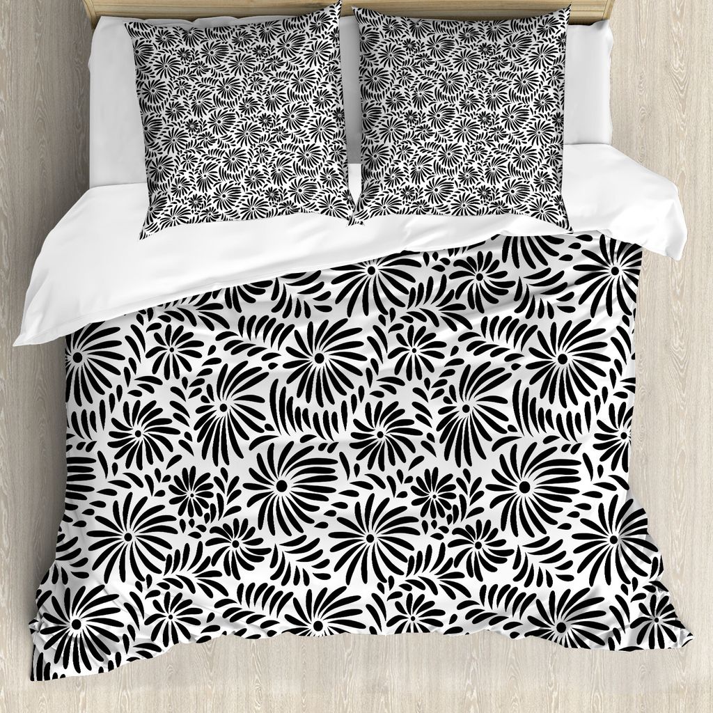 ABAKUHAUS Schwarz und weiß Bettbezug, einfache Blumen, Milbensicher Allergiker geeignet mit Kissenbezügen, 200 cm x 200 cm - 80 x 80 cm, Schwarz-...