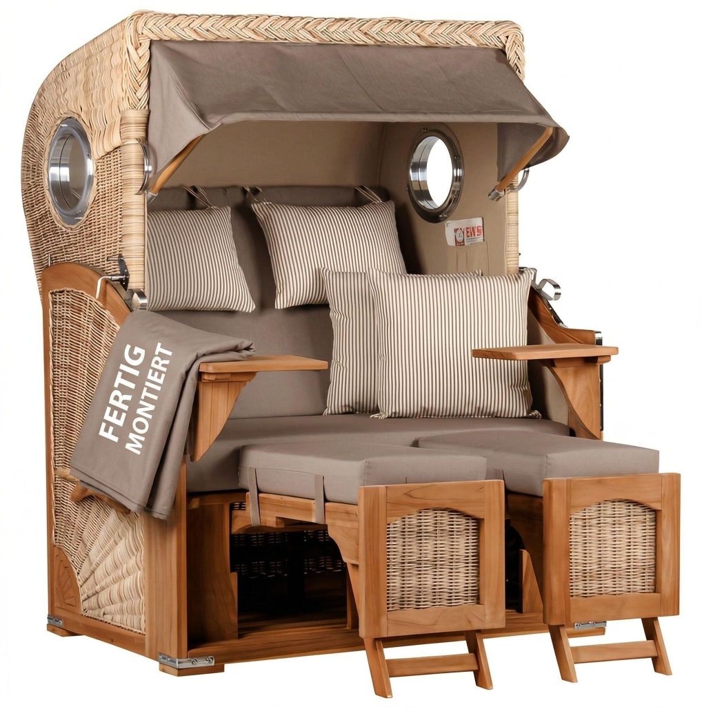 Strandkorb wetterfest Düne Teak Shell 2-Sitzer mit Bullaugen & PE-Geflecht Volllieger
