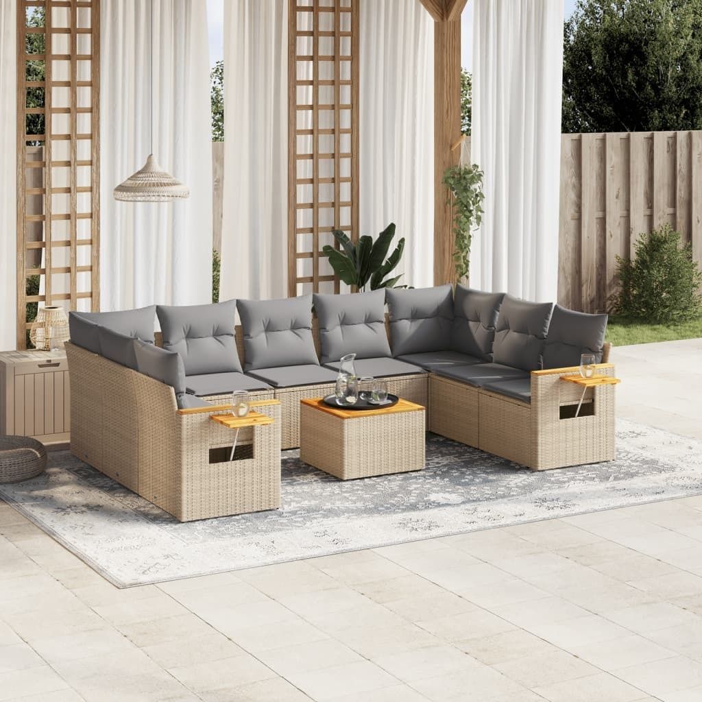 10-tlg. Garten-Sofagarnitur mit Kissen Beige Poly Rattan 3259525