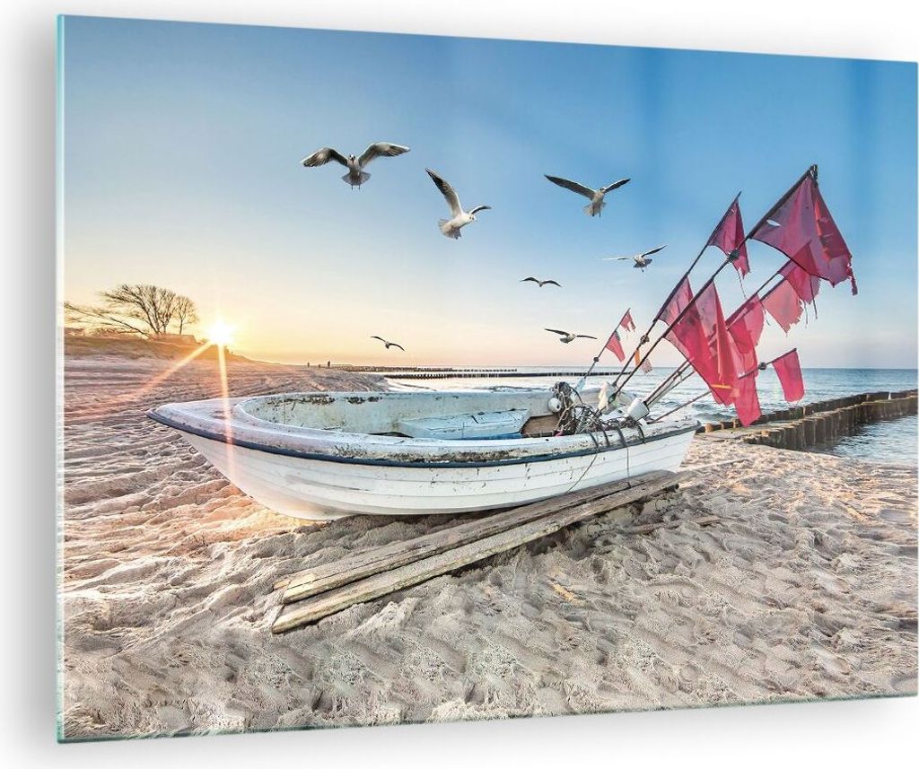 Bilder auf glas - Einteilig - £ódŸ Küste Möwen - 70x50cm - Glasbilder - Wandbilder - Bilder - zum Aufhängen bereit - Wanddekoration aus Glas ...