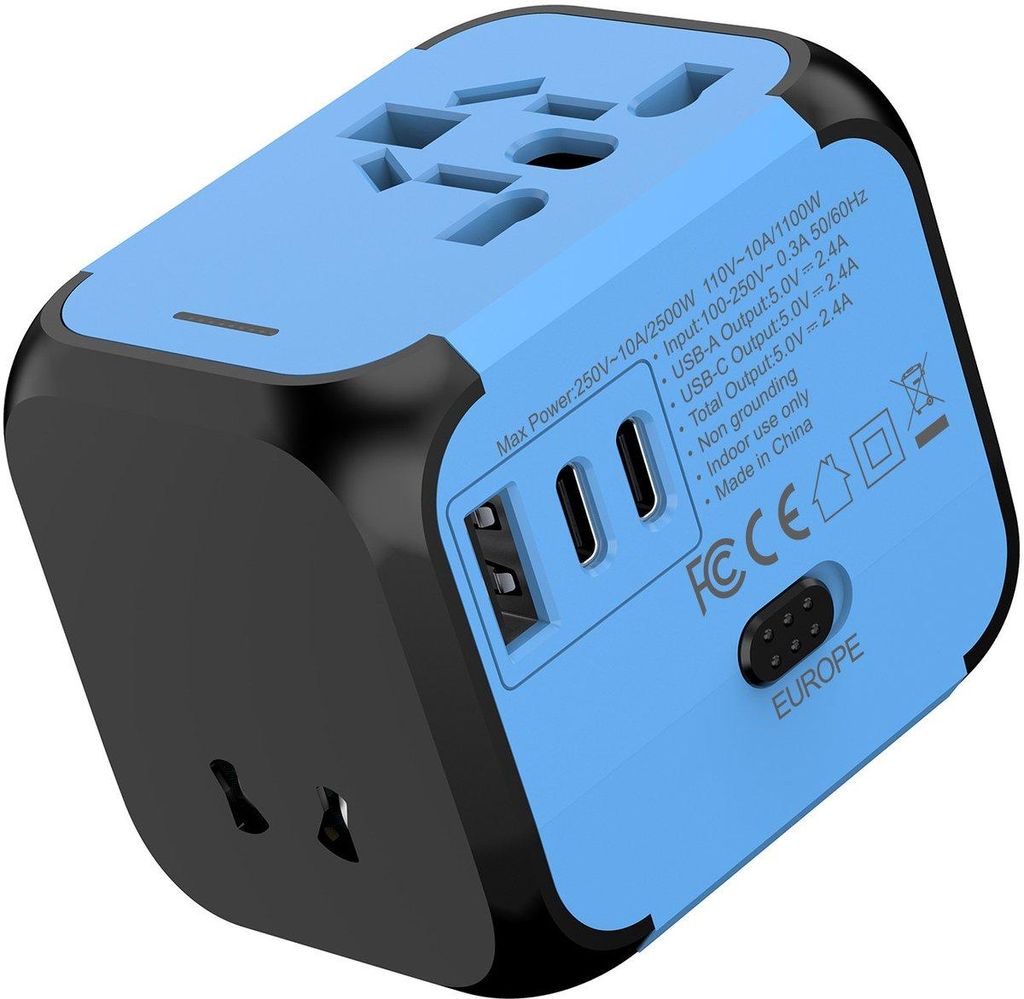 Minicee Reiseadapter Weltstecker USB-C für 150+ Länder Blau