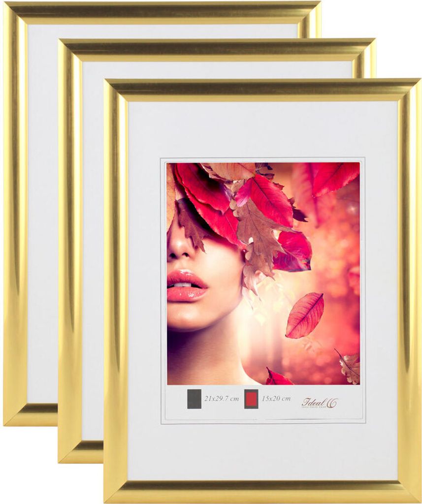 3er 5er Pack Art Line Kunststoff Bilderrahmen Wanddeko Collage Poster Fotorahmen Bildträger - Farbe: 3er Gold | Format: 29,7x42 DIN A3