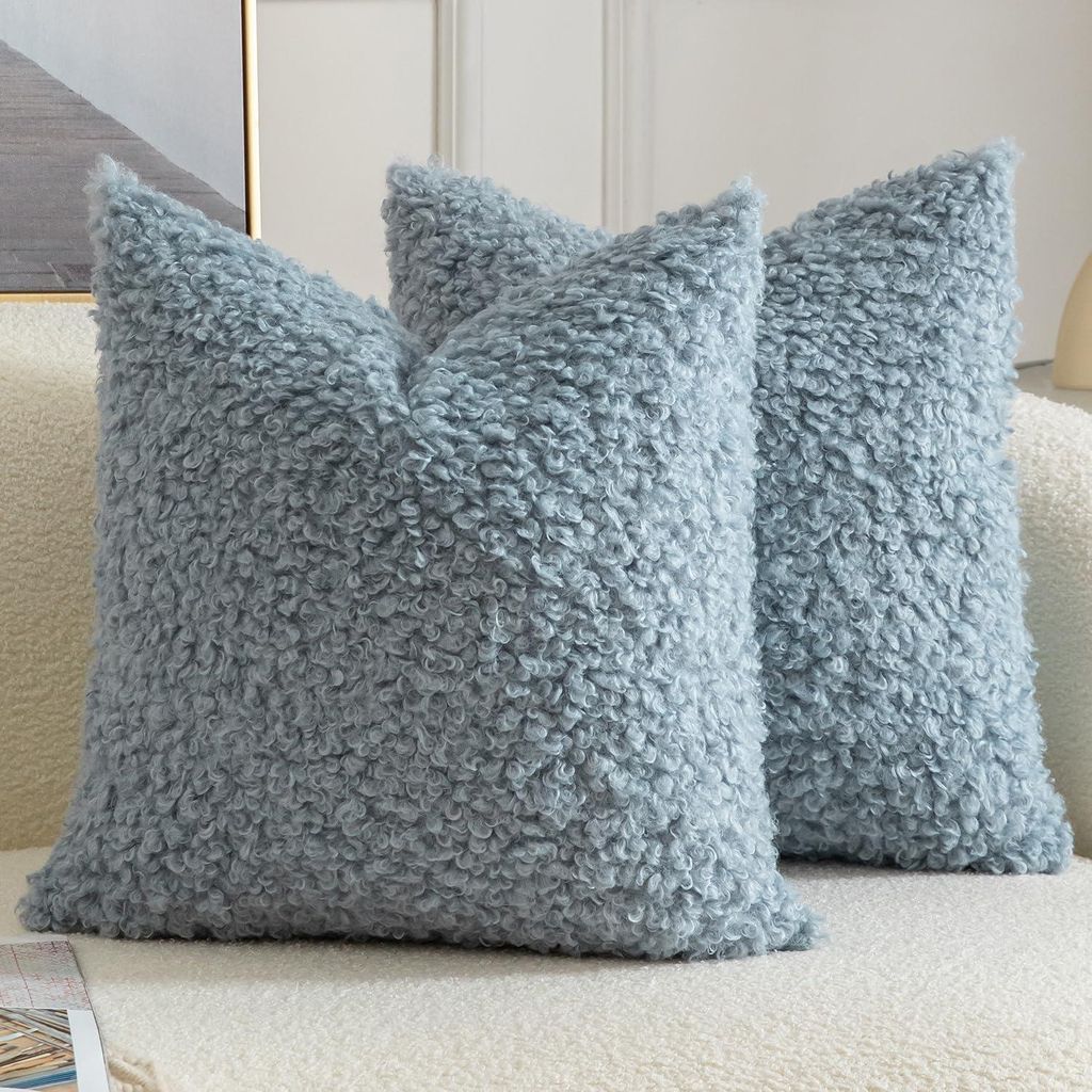 Set mit 2 Kissenbezügen aus Teddyfell-Imitat-Bouclé, Sofakissen, Dekokissenbezüge für Schlaf- oder Wohnzimmer, 65 x 65 cm, hellblau