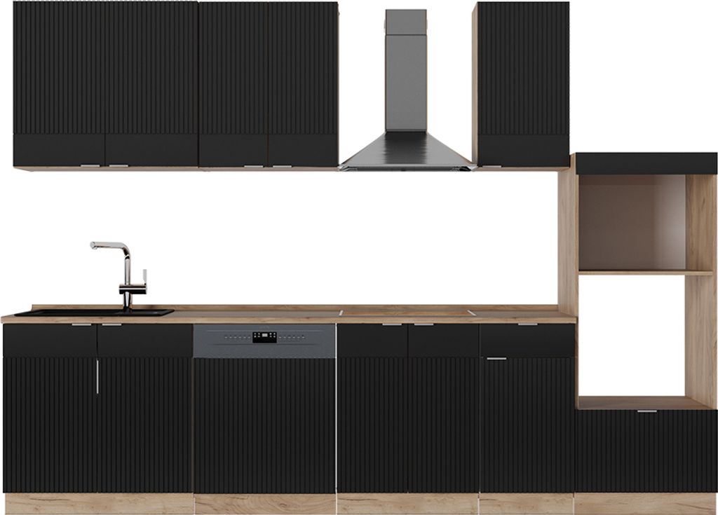Küchenzeile Vicco Fame-Line Schwarz gestreift/Goldkraft Eiche 300 cm mit Hochschrank, AP Eiche, Model 51052