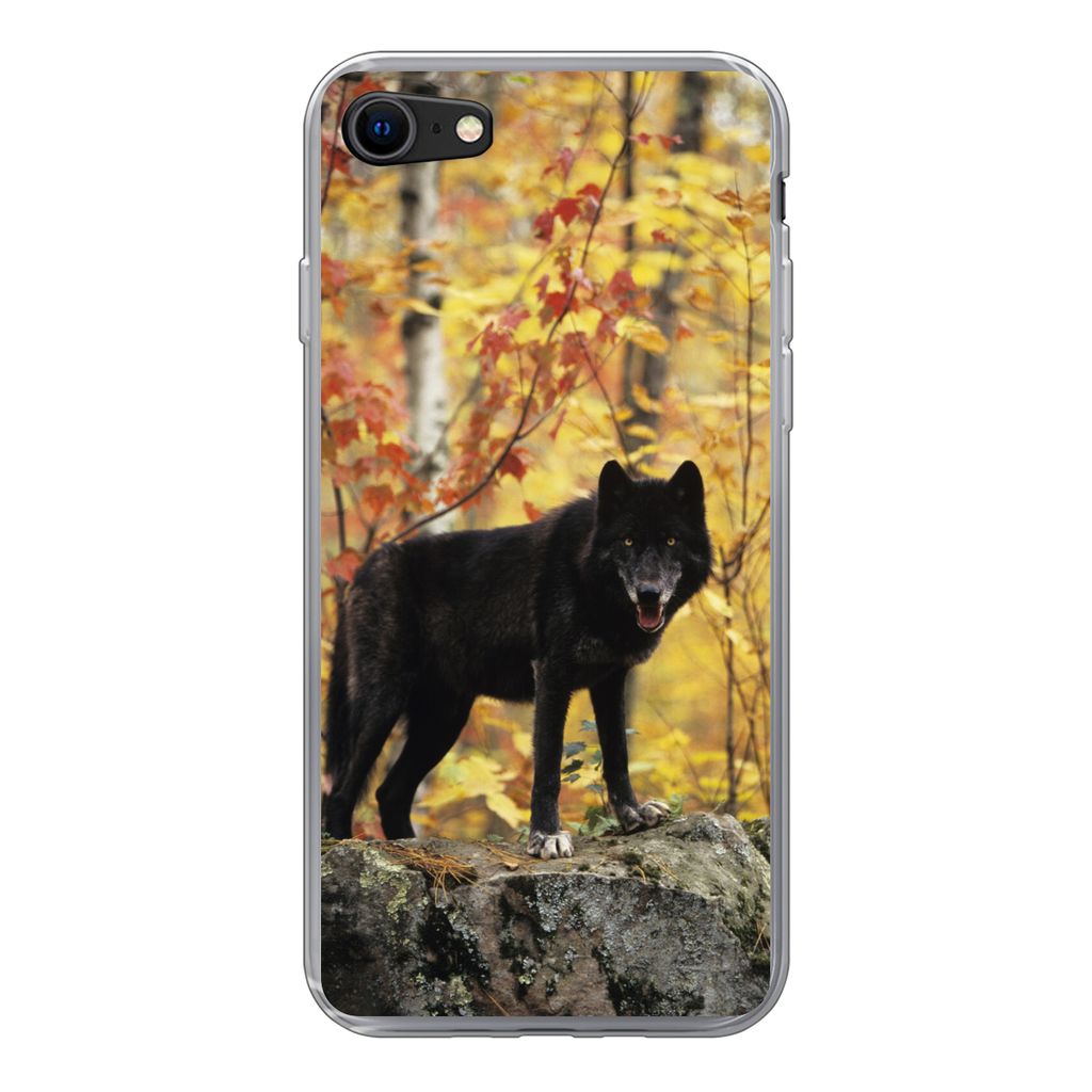 MuchoWow Handyhülle Schutzhülle Hülle für iPhone SE 2022 Wolf - Fels - Baum Silikon Softcase Handy Hülle - Schutzhülle