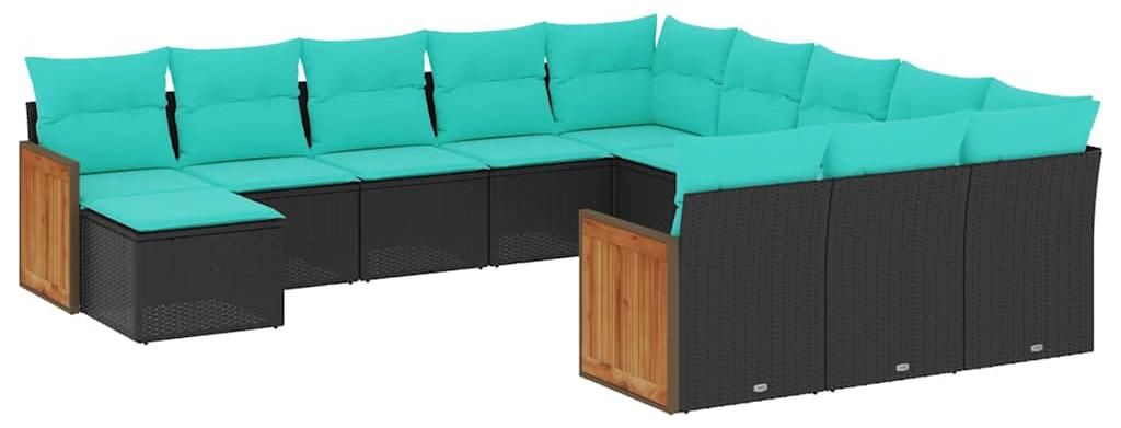 vidaXL 12-teiliges Gartensofa-Set mit Kissen, schwarzes Polyrattan