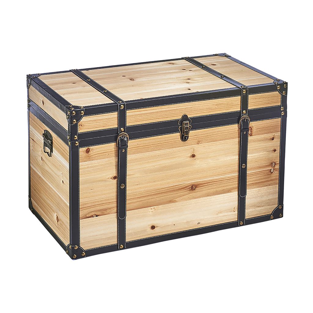 Kobolo Holztruhe FLORENCE 80x45x50 cm – mit Metalldetails und Lederschließen Truhe Schatztruhe Aufbewahrungstruhe Deckentruhe Spielzeugtruhe Truhen
