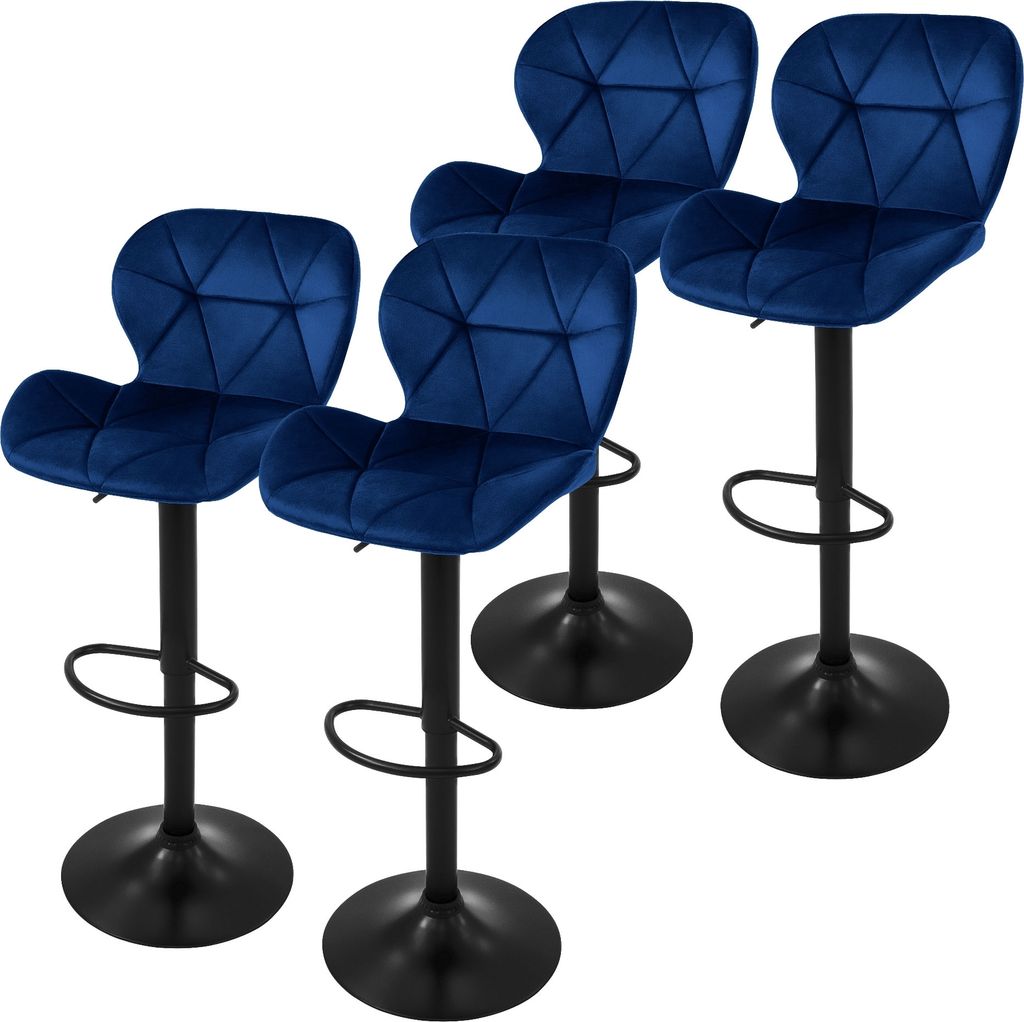 Four blue velvet bar stools with black bases are arranged in a group against a white background.