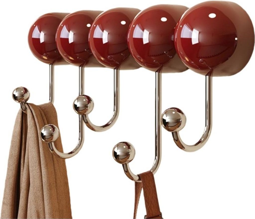 INF Saugknopf Hakenleiste mit 5 Haken - Kleider und Hüte ohne Bohren Rot