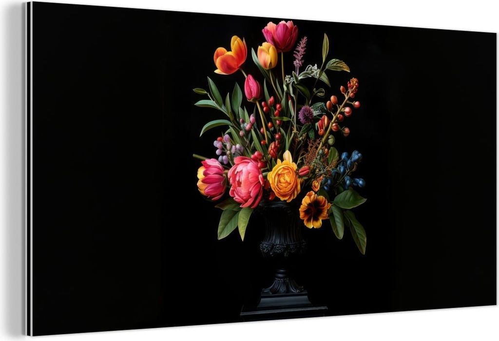MuchoWow Wanddekoration Metall Metallbild Wandkunst 40x20 cm Tulpen - Beeren - Blumenstrauß - Vase MuchoWow Aluminium Gemälde - Bild - Aluminium