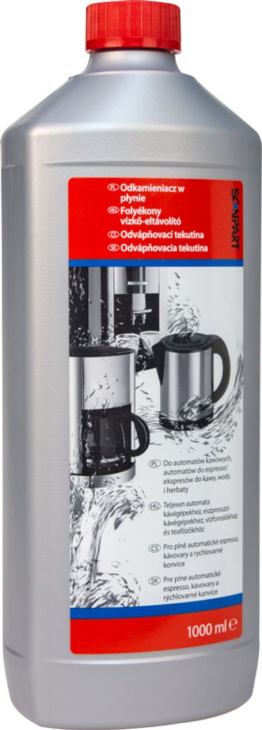 A bottle of SCANPART liquid descaler with an illustration of a coffee machine and kettle.