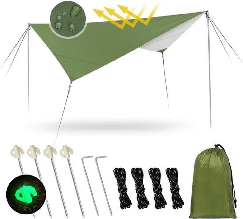 Wasserdichter Tarp 3,4 x 2,6 m für Camping - Ultraleicht und tragbar - UV-Schutz - Mit Paracords, Haken und Taschenlampen - Ideal für Outdoor-Hä...