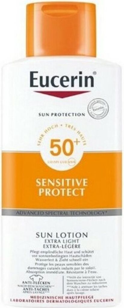 A product shot of a bottle of Eucerin sunscreen.