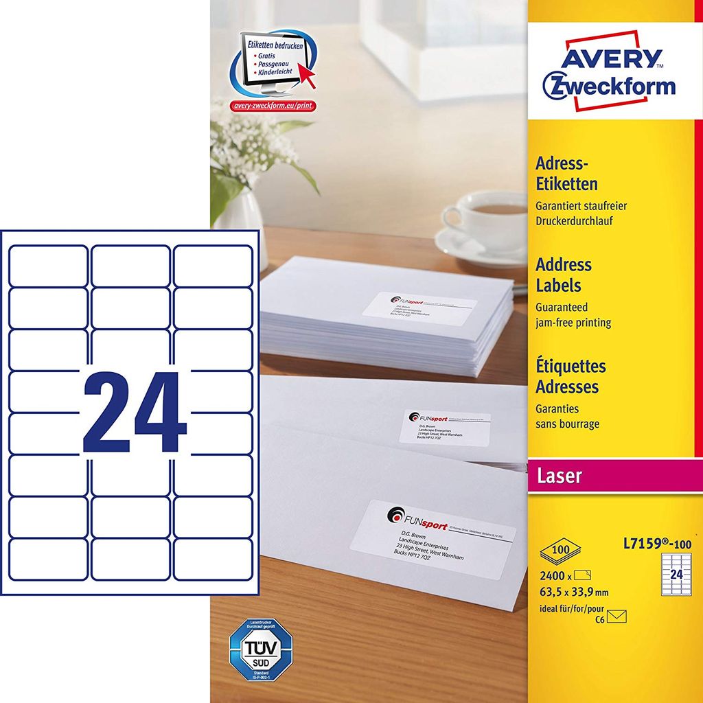 Avery Zweckform L7159-100 Adress-Etiketten, 63,5 x 33,9 mm, 100 Blatt/2.400 Etiketten, weiß