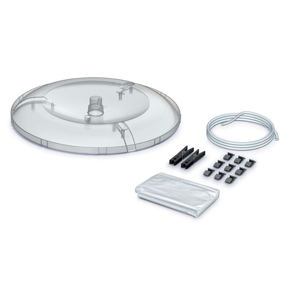 A collection of parts for a gardening product, including a clear plastic base, black clips, and a coiled tube.
