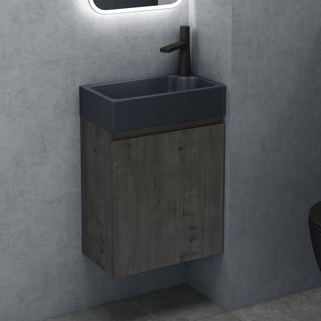 doporro Badezimmerschrank Badmöbel-Set in Grau-Braun 46x26x63cm Waschbeckenunterschrank mit Mineralguss-Waschbecken in matt Anthrazit Pisa02