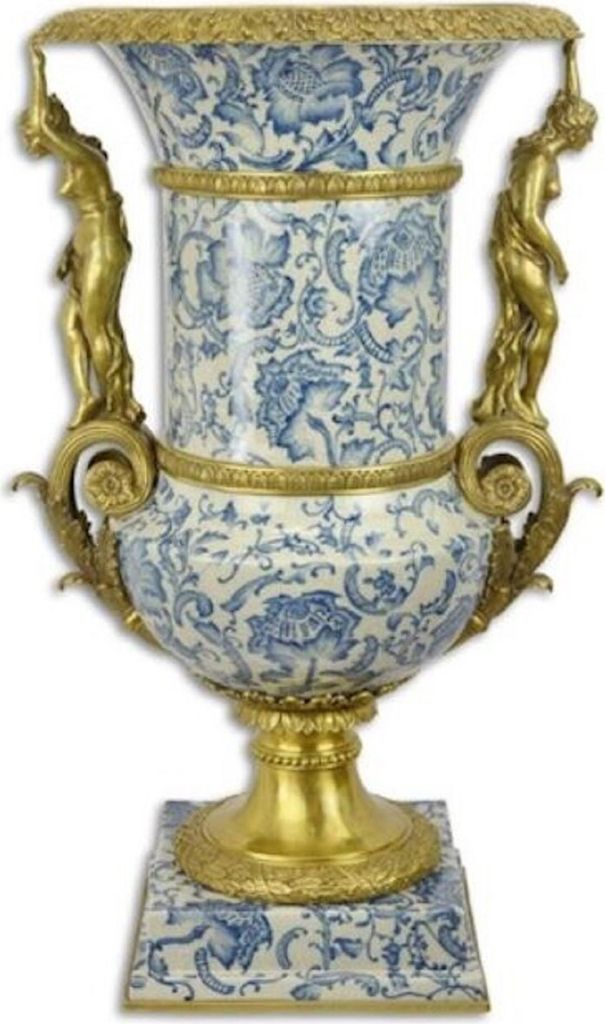 Casa Padrino Barock Deko Vase Creme / Blau / Gold 53 x 47,8 x H. 85,7 cm - Prunkvolle Porzellan Blumenvase mit 2 Bronze Griffen - Deko Accessoires ...