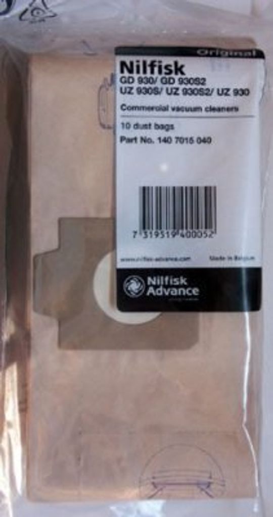 A package of Nilfisk dust bags for commercial vacuum cleaners.