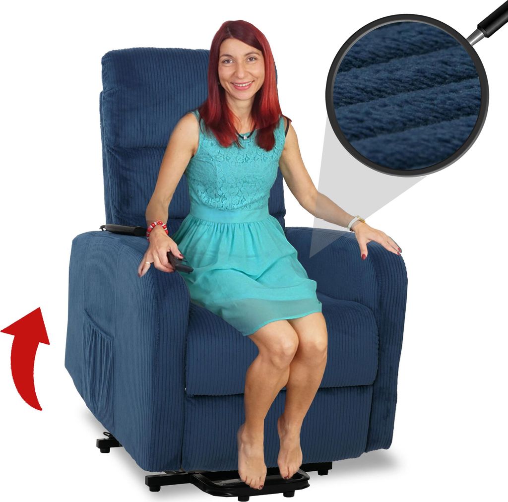 Fernsehsessel MCW-K62, Relaxsessel TV-Sessel Liege, Liegefunktion Aufstehhilfe, Metall Stoff/Textil Cord blau