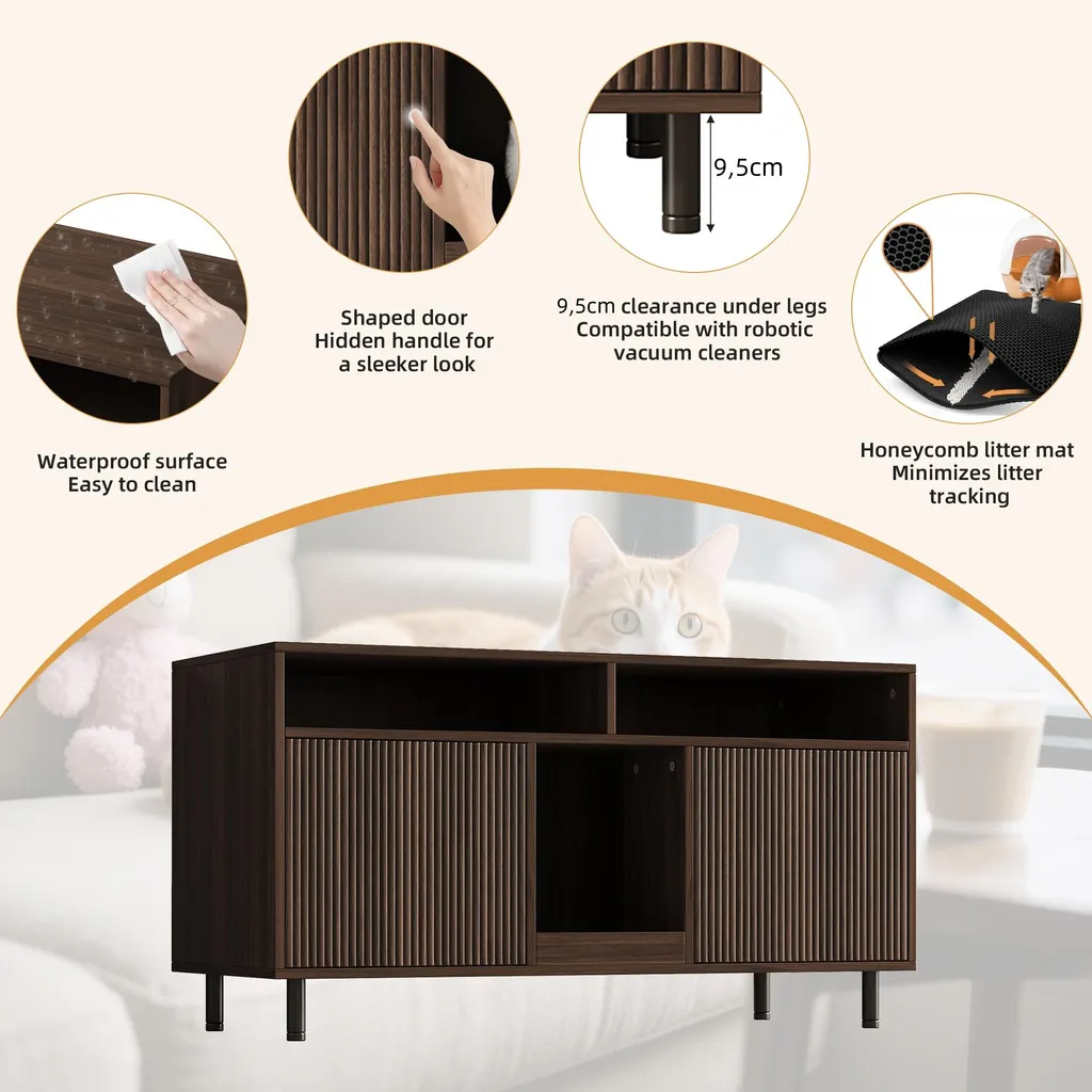 Flieks Sideboard Commode Noyer avec Espace Litière Chat et Tapis de Sable