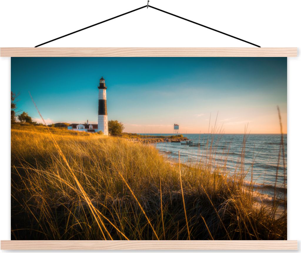 MuchoWow Textilposter Leuchtturm - Meer - Amerika 120x80 cm mit holzfarbenen Rahmen - Aufhängeset