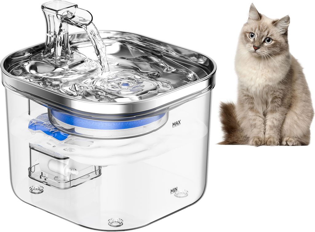 WF040 Katzen-Trinkbrunnen 2L/67oz Semi-Edelstahl-Trinkbrunnen fuer Haustiere, automatischer Wasserspender mit leiser Wasserpumpe fuer Katze, Hund, ...