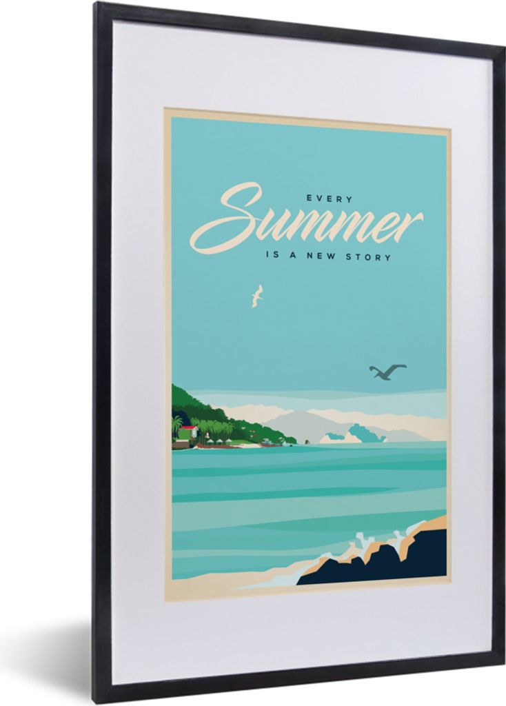 MuchoWow MuchoWow Gerahmtes Poster Vintage-Illustration Urlaub am Meer 40x60 cm - Poster mit zchwarzem Bilderrahmen - Poster in Rahmen